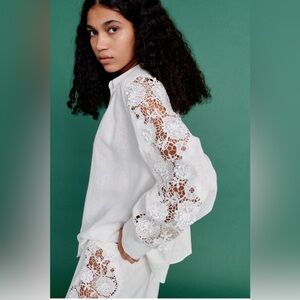 H&M LINEN BLEND LACE INSET SHIRT